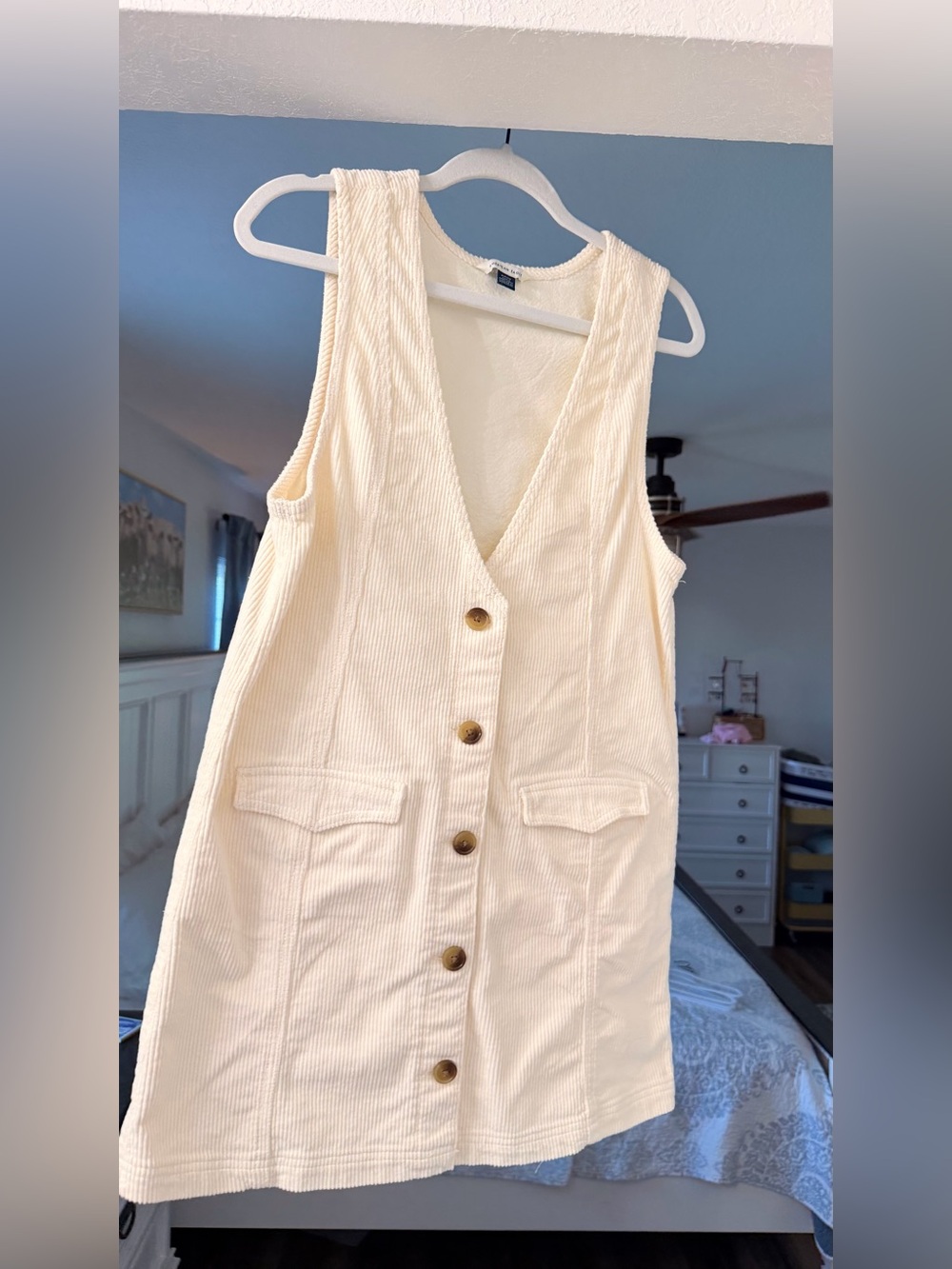 American Eagle Cream Button-Front Sleeveless Corduroy Dress